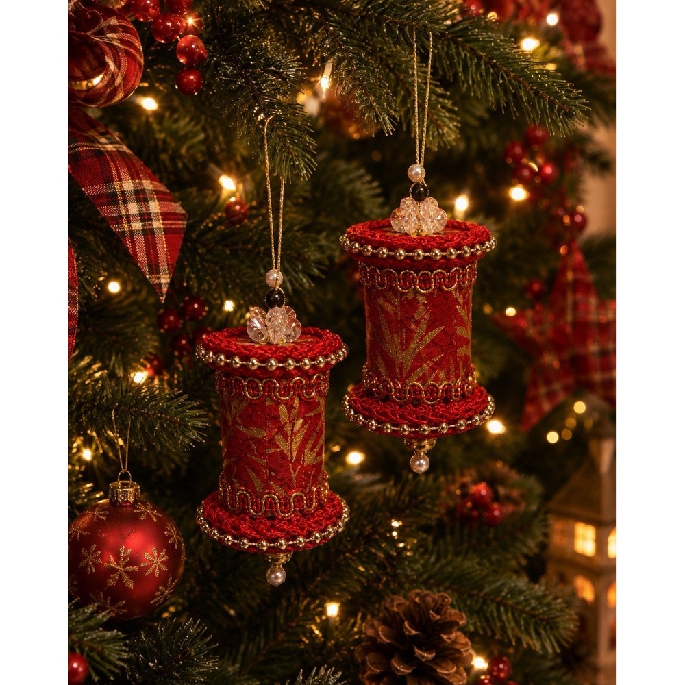 2 Vintage Handmade Christmas Spool Ornament Red Gold Beaded Fabric Holiday Decor